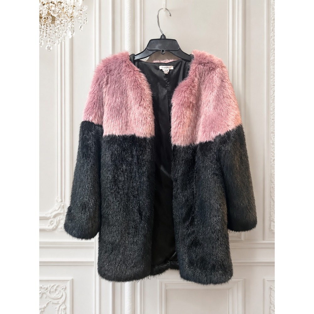 Glamorous Colorblock Faux Fur Jacket Womens M Pink Black Open Front Luxury Coat